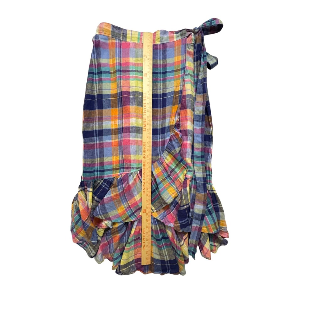 Polo Ralph Lauren Madras Linen Wrap Skirt Multicolor Plaid Ruffle High Low 14 - Picture 7 of 10